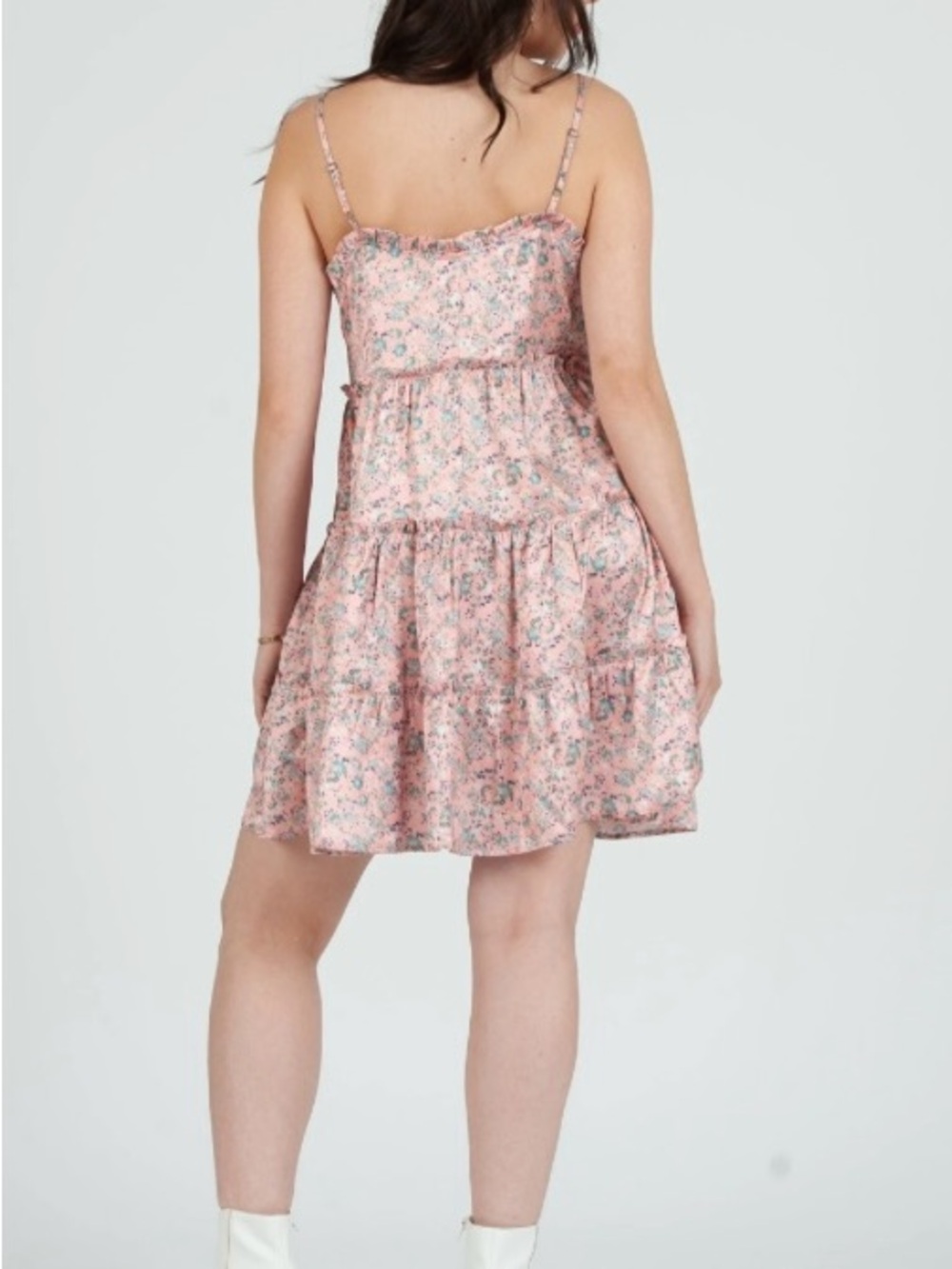 Lucca Floral Pink Tiered Midi Dress with Ruffle Trim, size M - Picture 12 of 13